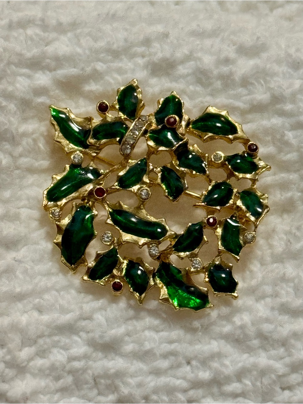 Vintage Gold-Tone Green Leaf Holiday Brooch with Red and Clear Accents